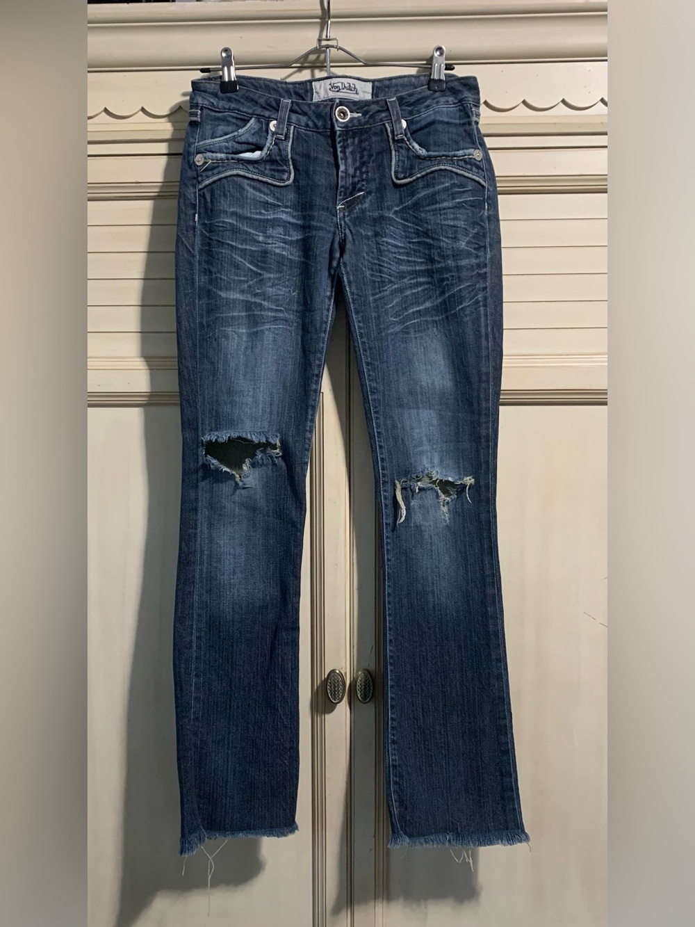 Von Dutch Women's Dark Blue Distressed Low Rise Flare Jeans 31 x 32